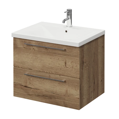 Napoli 460 Tobacco Oak 600mm Wall Mounted 2 Drawer Vanity Unit with Glide Basin Right Hand View
