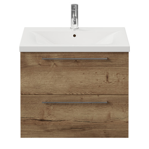 Napoli 460 Tobacco Oak 600mm Wall Mounted 2 Drawer Vanity Unit with Glide Basin Front View