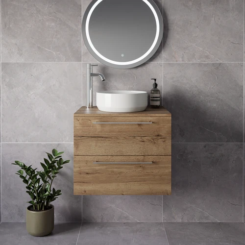 Napoli 460 Tobacco Oak 600mm Wall Mounted 2 Drawer Vanity Unit for Countertop Basins Lifestyle Image
