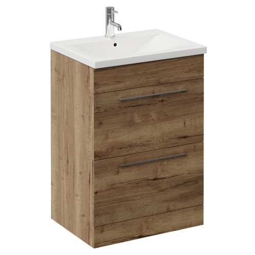 Napoli 460 Tobacco Oak 600mm 2 Drawer Vanity Unit with Glide Basin Left Hand View