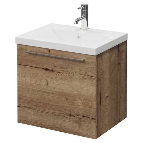 Napoli 390 Tobacco Oak 500mm Wall Mounted Single Drawer Vanity Unit with Glide Basin Right Hand View