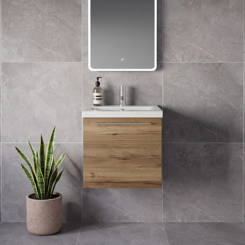 Napoli 390 Tobacco Oak 500mm Wall Mounted Single Drawer Vanity Unit with Glide Basin Lifestyle Image