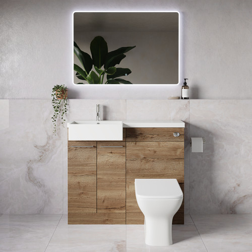 Napoli 250 Tobacco Oak 1000mm 2 Door Vanity Unit Toilet Suite with Left Hand Square Rico Semi Recessed Basin Lifestyle Image