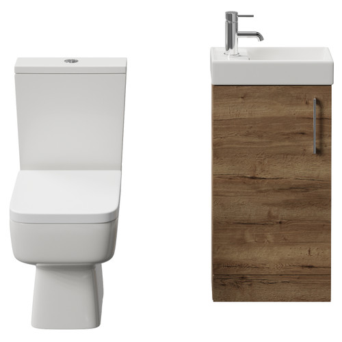 Napoli Cube Tobacco Oak 400mm Single Door Vanity Unit and Toilet Suite with Align Basin Front View