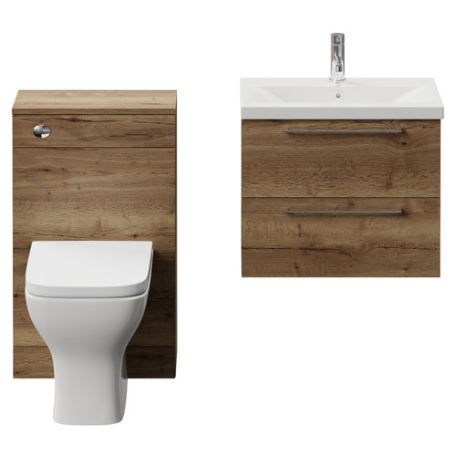 Napoli 390 Tobacco Oak 1100mm Wall Mounted 2 Drawer Vanity Unit and Toilet Suite with Glide Basin Front View