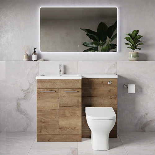 Napoli 390 Tobacco Oak 1100mm 2 Door Vanity Unit Toilet Suite with Square Left Hand Lucia Basin Lifestyle Image