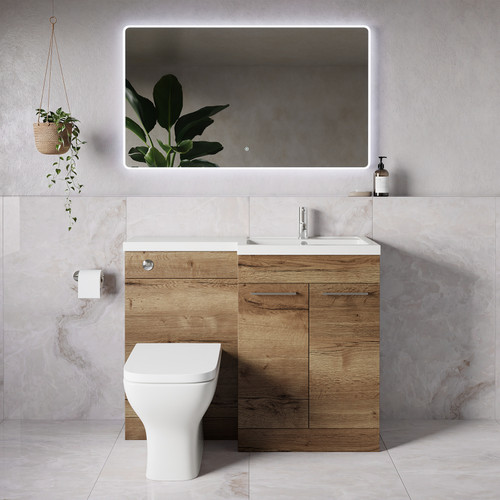 Napoli 390 Tobacco Oak 1100mm 2 Door Vanity Unit Toilet Suite with Square Right Hand Lucia Basin Lifestyle Image