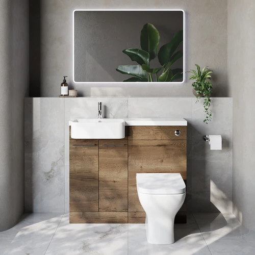 Napoli 250 Tobacco Oak 1000mm 2 Door Vanity Unit Toilet Suite with Left Hand Round Rico Semi Recessed Basin Lifestyle Image