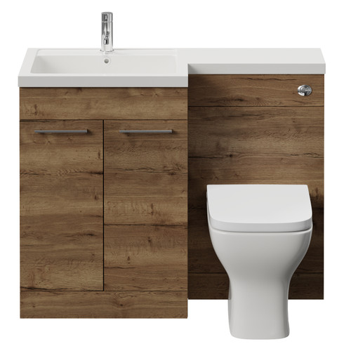 Napoli 460 Tobacco Oak 1100mm 2 Door Vanity Unit Toilet Suite with Left Hand Square Lucia Basin Front View