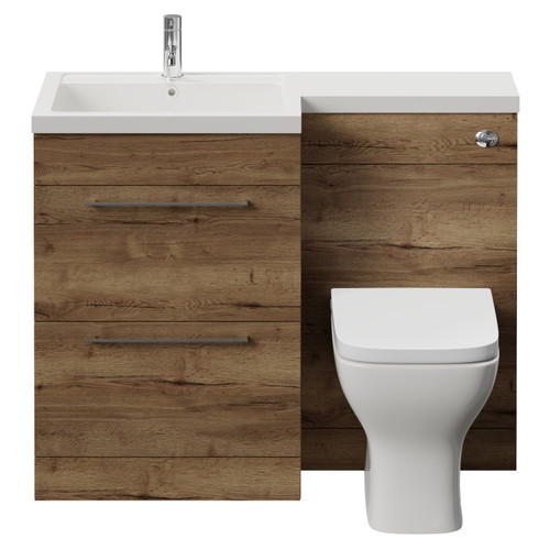 Napoli 460 Tobacco Oak 1100mm 2 Drawer Vanity Unit Toilet Suite with Left Hand Square Lucia Basin Front View