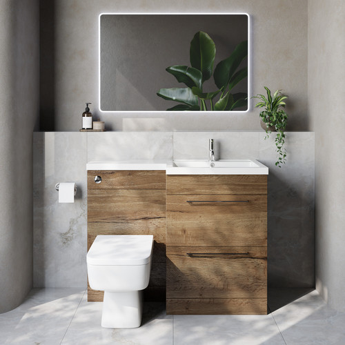 Napoli 460 Tobacco Oak 1100mm 2 Drawer Vanity Unit Toilet Suite with Right Hand Square Lucia Basin Lifestyle Image