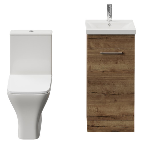 Napoli 390 Tobacco Oak 400mm Single Door Vanity Unit and Kingston Toilet Suite with Glide Basin Front View
