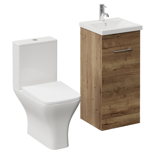 Napoli 390 Tobacco Oak 400mm Single Door Vanity Unit and Kingston Toilet Suite with Glide Basin Left Hand View