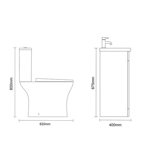 Napoli 390 Tobacco Oak 400mm Single Door Vanity Unit and Kingston Toilet Suite with Glide Basin Side on Dimensions