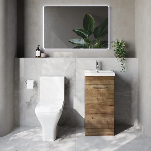 Napoli 390 Tobacco Oak 400mm Single Door Vanity Unit and Kingston Toilet Suite with Glide Basin Lifestyle Image