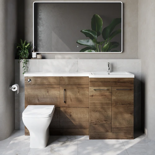 Napoli 390 Tobacco Oak 1500mm 3 Door Vanity Unit Toilet Suite with Right Hand Square Lucia Basin Lifestyle Image