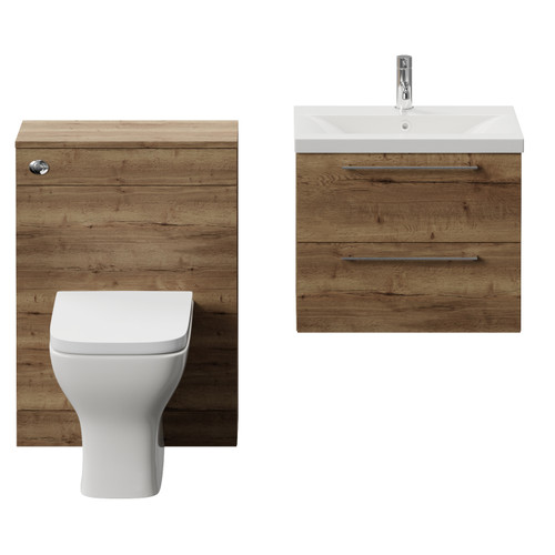 Napoli 390 Cento Tobacco Oak 1200mm Wall Mounted 2 Drawer Vanity Unit and Toilet Suite with Glide Basin Front View