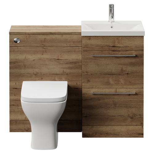 Napoli 390 Cento Tobacco Oak 1100mm 2 Drawer Vanity Unit Toilet Suite with Glide Basin Front View