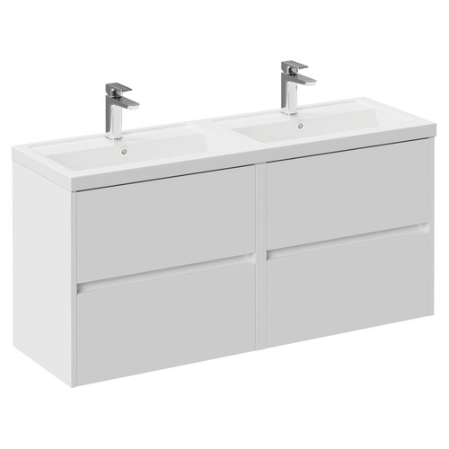 Montego Gloss White 1200mm Wall Mounted 4 Drawer Vanity Unit with Lucia Double Basin Left Hand View