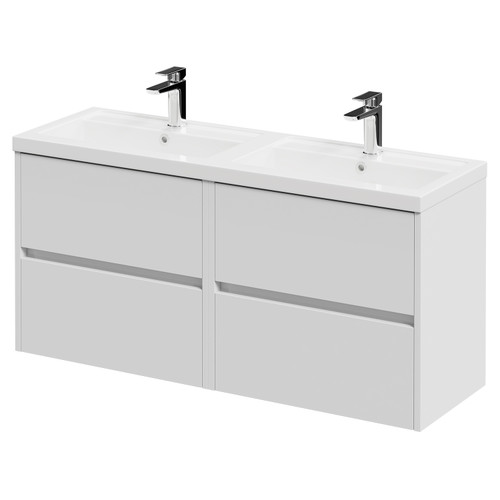 Montego Satin White 1200mm Wall Mounted 4 Drawer Vanity Unit with Lucia Double Basin Right Hand View