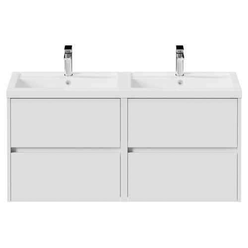 Montego Satin White 1200mm Wall Mounted 4 Drawer Vanity Unit with Lucia Double Basin Front View
