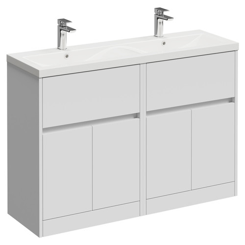 Montego Satin White 1200mm Floor Standing 2 Drawer 4 Door Vanity Unit with Glide Double Basin Left Hand View