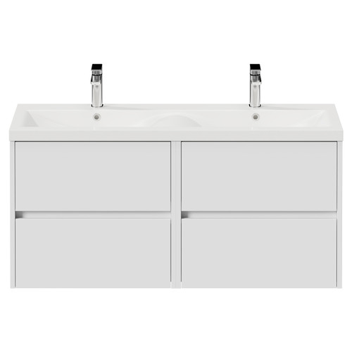 Montego Satin White 1200mm Wall Mounted 4 Drawer Vanity Unit with Glide Double Basin Front View