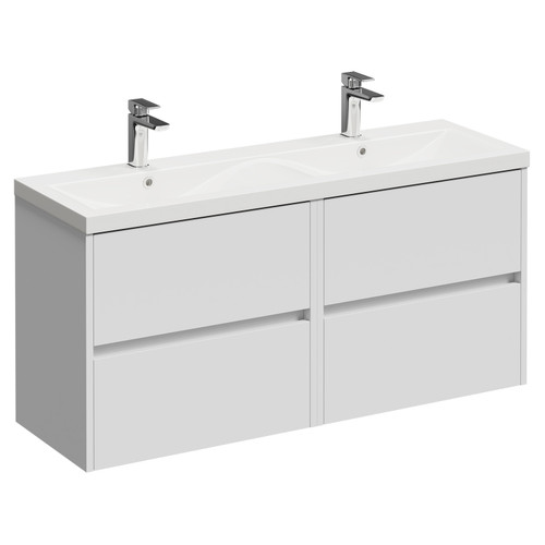 Montego Satin White 1200mm Wall Mounted 4 Drawer Vanity Unit with Glide Double Basin Left Hand View