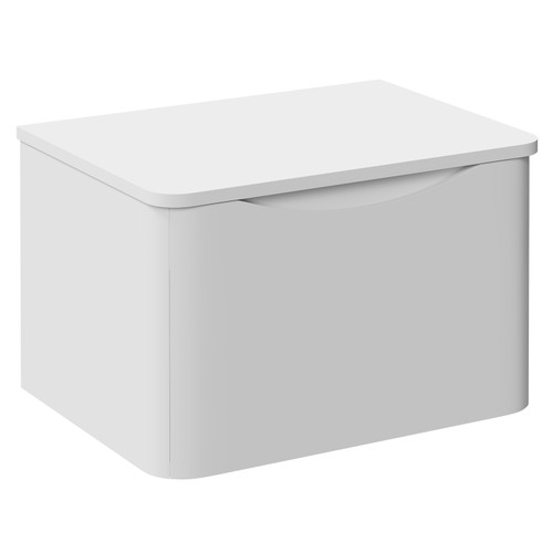 Vela Satin White 600mm Wall Mounted Single Drawer Vanity Unit for Countertop Basins Left Hand View