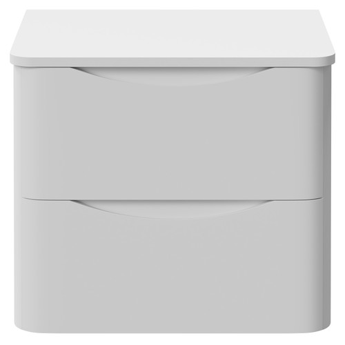 Vela Satin White 600mm Wall Mounted 2 Drawer Vanity Unit for Countertop Basins Front View