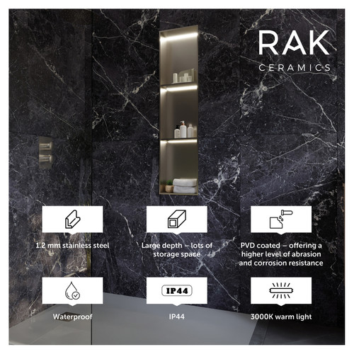 RAK Ingot 300mm x 1200mm Recessed Niche with with 2 Shelves & LED Brushed Nickel - RAKINGRN12030N