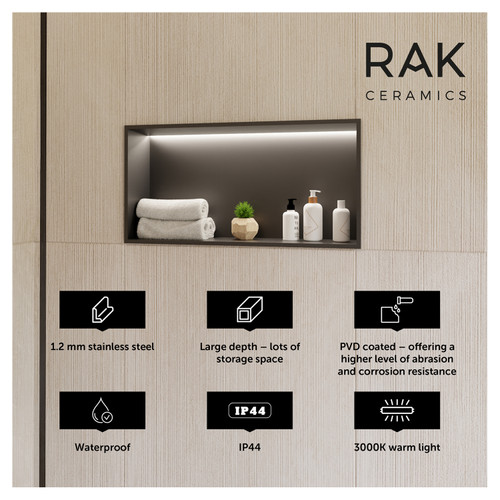 RAK Ingot 300mm x 600mm Recessed Niche with Shelf & LED Black - RAKINGRN6030B