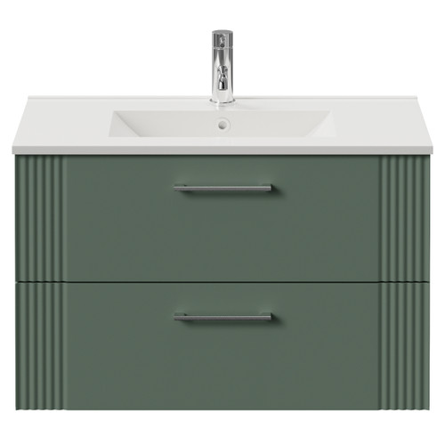 Avant Satin Green 800mm Wall Mounted 2 Drawer Vanity Unit with Angel Basin Front View