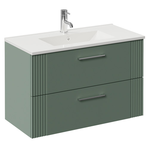Avant Satin Green 800mm Wall Mounted 2 Drawer Vanity Unit with Angel Basin Left Hand View