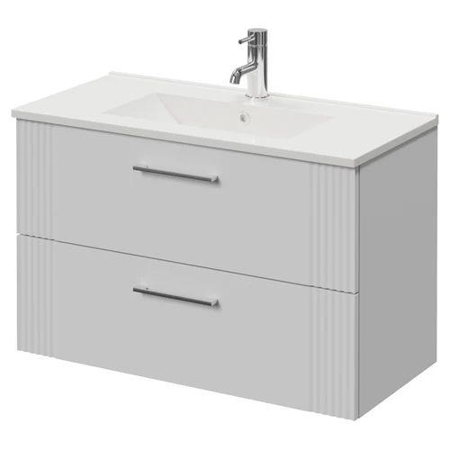 Avant Satin White 800mm Wall Mounted 2 Drawer Vanity Unit with Angel Basin Right Hand View