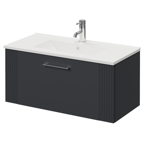 Avant Satin Anthracite 800mm Wall Mounted Single Drawer Vanity Unit with Angel Basin Right Hand View