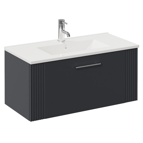 Avant Satin Anthracite 800mm Wall Mounted Single Drawer Vanity Unit with Angel Basin Left Hand View