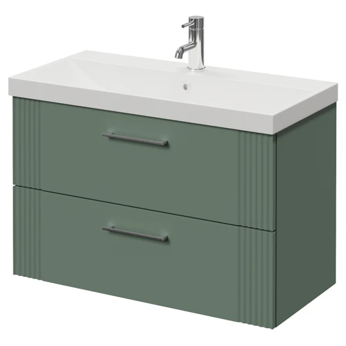 Avant Satin Green 800mm Wall Mounted 2 Drawer Vanity Unit with Rimini Basin Right Hand View