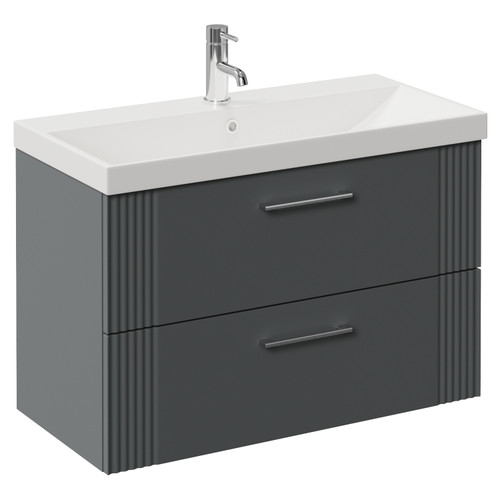 Avant Satin Grey 800mm Wall Mounted 2 Drawer Vanity Unit with Rimini Basin Left Hand View