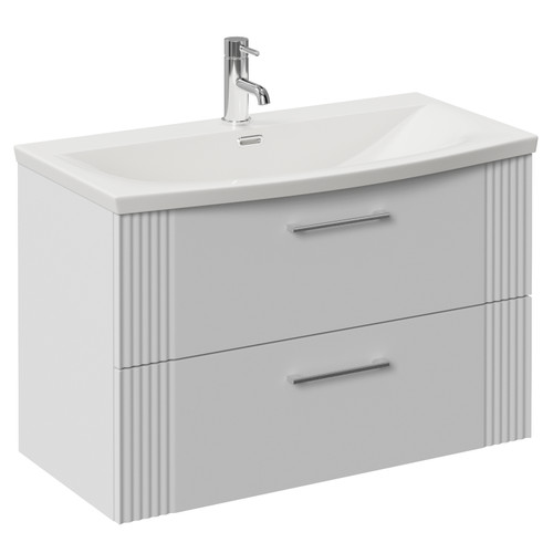 Avant Satin White 800mm Wall Mounted 2 Drawer Vanity Unit with Arc Basin Left Hand View