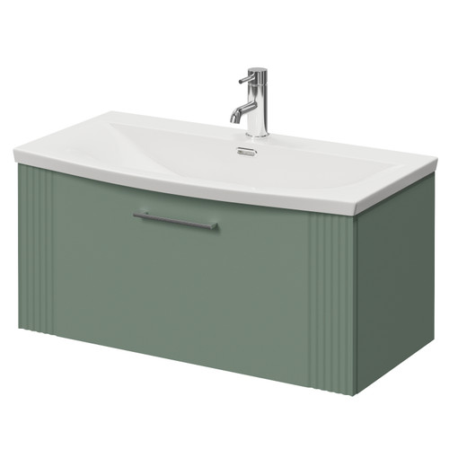 Avant Satin Green 800mm Wall Mounted Single Drawer Vanity Unit with Arc Basin Right Hand View