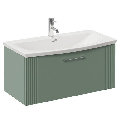 Avant Satin Green 800mm Wall Mounted Single Drawer Vanity Unit with Arc Basin Left Hand View