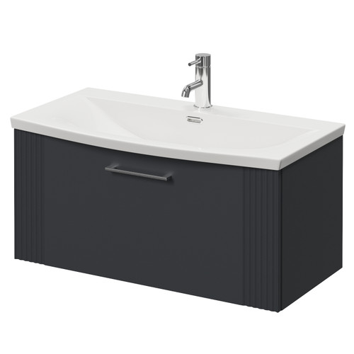 Avant Satin Anthracite 800mm Wall Mounted Single Drawer Vanity Unit with Arc Basin Right Hand View