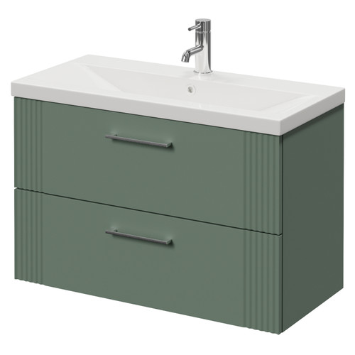 Avant Satin Green 800mm Wall Mounted 2 Drawer Vanity Unit with Glide Basin Right Hand View