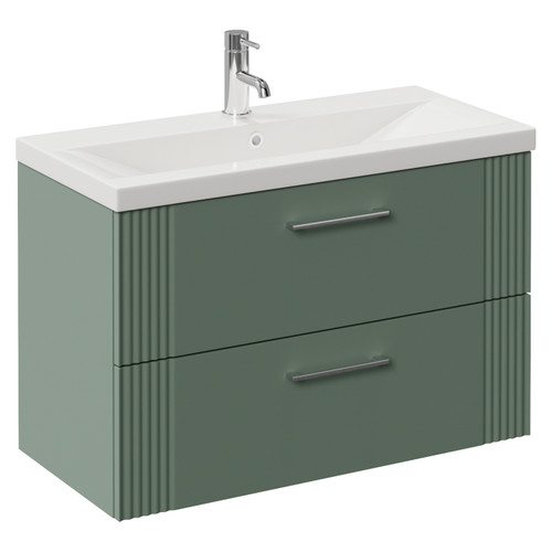 Avant Satin Green 800mm Wall Mounted 2 Drawer Vanity Unit with Glide Basin Left Hand View