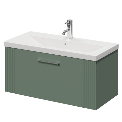 Avant Satin Green 800mm Wall Mounted Single Drawer Vanity Unit with Glide Basin Right Hand View