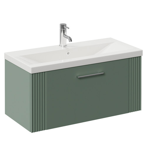 Avant Satin Green 800mm Wall Mounted Single Drawer Vanity Unit with Glide Basin Left Hand View