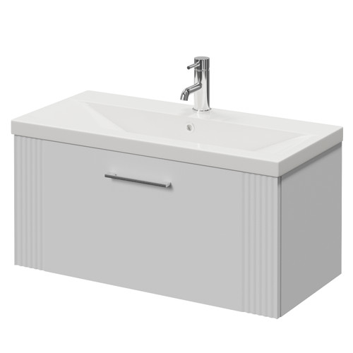 Avant Satin White 800mm Wall Mounted Single Drawer Vanity Unit with Glide Basin Right Hand View