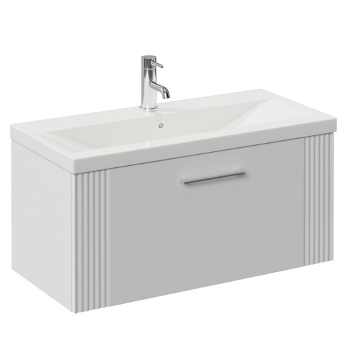 Avant Satin White 800mm Wall Mounted Single Drawer Vanity Unit with Glide Basin Left Hand View