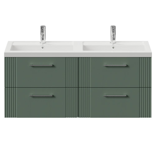Avant Satin Green 1200mm Wall Mounted 4 Drawer Vanity Unit with Double Lucia Basins Front View